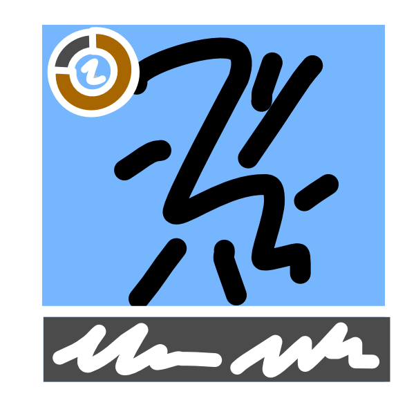  a blue square has black scribbles inside it. At the bottom of the square is a grey section with white horizontal scribbles. At the top left corner there is an orange progress with one quarter of it grey and a white scribble in the center. The image has white line art. 